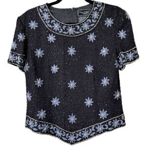 Cote d’ Azur medium vintage silk beaded sequin floral formal top evening wear